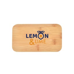 A bamboo cutting board featuring the words "Lemon & Lime" in blue and orange with a logo design.