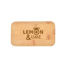 A bamboo cutting board in a rectangular shape with a printed logo design.