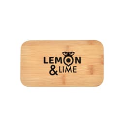 A bamboo cutting board featuring a logo with the words "Lemon & Lime" in black text. The board has a rectangular shape.