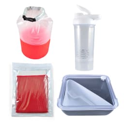 A red and white dry bag, clear drink bottle, red mesh pouch, and gray food container with a lid.