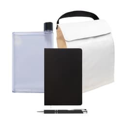 A cooler bag, a clear drink bottle with a black cap, a black notebook, and a silver pen.
