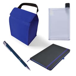 A blue cooler bag, a clear drink bottle, a black notebook, and a silver pen with a blue accent.