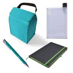 A cooler bag in teal, a transparent drink bottle, a black notebook with a green elastic band, and a blue pen.