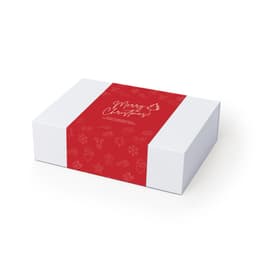 A gift box with a white base and a red wrap featuring festive holiday designs and a greeting.