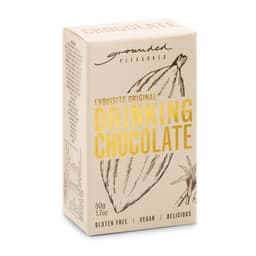 A box of drinking chocolate in beige with a logo, featuring ingredients and gluten-free, vegan labels.