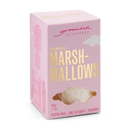A pink box of marshmallows with a fluffy, soft texture. The box features a logo and highlights gluten-free content.