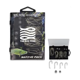 A fishing tackle kit in a black box containing hooks and weights, featuring a logo and a fish design.