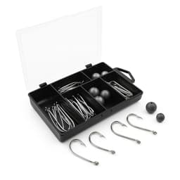 A black tackle box containing various fishing hooks and weights, organised in six compartments.