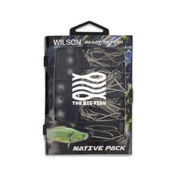 A fishing tackle kit in a black and clear case, containing various fishing hooks and weights, with a logo on the front.