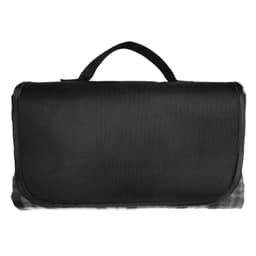 A black picnic blanket with a carry handle, featuring a textured surface and a compact design.