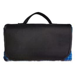 A black leisure picnic blanket with a blue tie-dye underside, featuring a carry handle.