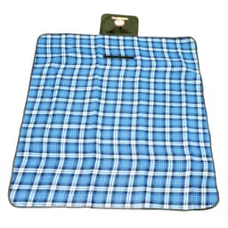 A blue and white checked picnic blanket with a dark green trim and a small attached pouch.