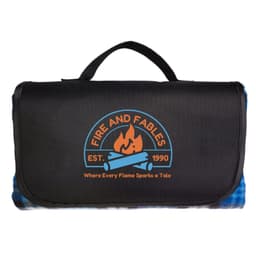 A picnic blanket in black with a logo featuring flames and blue accents. It includes a convenient carrying handle.
