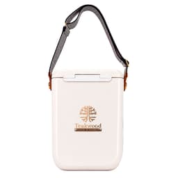 A cream cooler bag with a shoulder strap and a logo, suitable for carrying drinks and snacks.