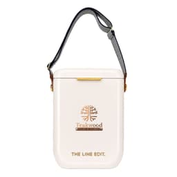 A rectangular white cooler bag with a shoulder strap and a logo. It features a gold accent on the closure.