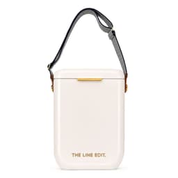 A white cooler with a strap and a logo, featuring a sleek and modern design.