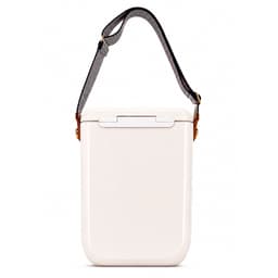 A cooler with a sleek cream exterior and a detachable striped strap. It features a sturdy handle for easy carrying.
