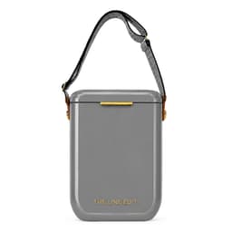 A grey cooler with a shoulder strap and a logo on the front, featuring a sleek, modern design.