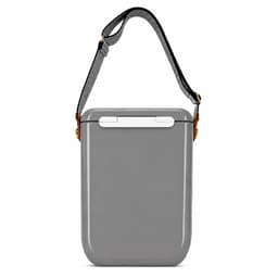 A grey cooler with a strap for easy carrying, featuring a simple, sleek design and a logo.