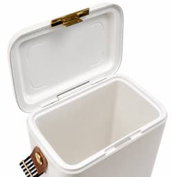 A white cooler with a gold latch and a side handle, featuring an open lid showing the empty interior.