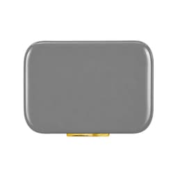 A grey cooler with a gold clasp, featuring a sleek, rectangular design and a glossy finish.