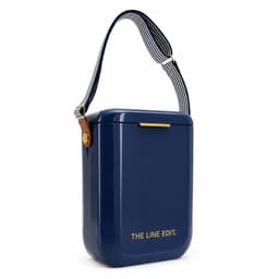 A navy blue cooler with a striped strap and a small logo. It has a sleek, rectangular design.
