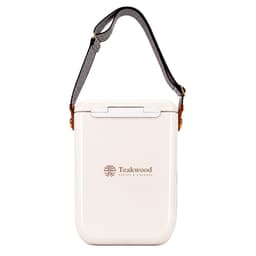 A Pavilion cooler in white with a striped shoulder strap and a logo. Compact design for easy carrying.
