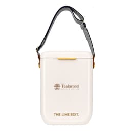 A white cooler with a strap and branding, featuring a simple design and a gold clasp.