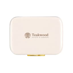 A cream-coloured cooler with a gold clasp and a logo. The design features a rectangular shape.