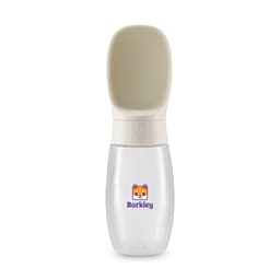 A transparent drink bottle with a white scoop lid, featuring a logo of a cartoon dog.