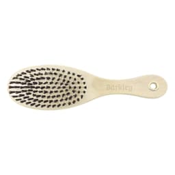 A wooden pet brush with a light handle and black bristles, featuring a branding logo on the handle.