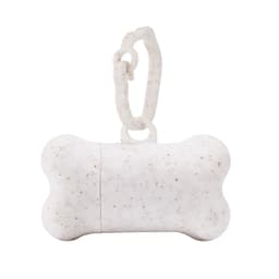 A white, speckled, bone-shaped container with a loop for attachment. Suitable for pet accessories.