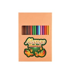 A pencil drawing set in a brown box with a variety of colored pencils, including shades of orange, pink, and purple.