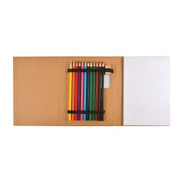 A pencil drawing set featuring twelve colored pencils in vibrant hues, a sharpener, and a blank sketchpad in a brown case.