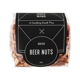 A clear plastic bag containing roasted beer nuts, showcasing a mix of light brown and tan nuts. The bag features a black label with branding.