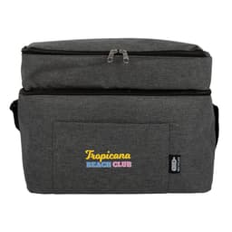 A drink bottle cooler bag in grey fabric with a zipped top and a front pocket. It features a logo.