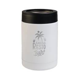 A white insulated drink container with a black lid, featuring a logo and a tropical palm tree design.