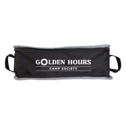 A black travel pouch with grey trim and handles, featuring a logo with the words "Golden Hours Camp Society."
