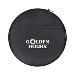 A round black zippered pouch with a logo and text on the front. The material appears durable and lightweight.