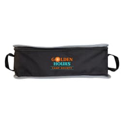 A black and grey rectangular storage pack with two handles and a logo on the front.