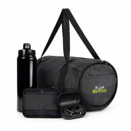 A black duffel bag with a drink bottle, a small case, and wireless earbuds, featuring a logo.