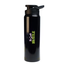 A black drink bottle with a black lid and a logo. The bottle features bold green and white lettering.