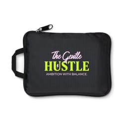 A black zippered pouch with a handle, featuring colourful text and a logo.