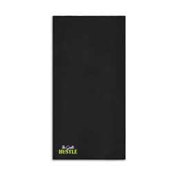 A black towel featuring a logo in vibrant green at the bottom. Ideal for gym or sports use.