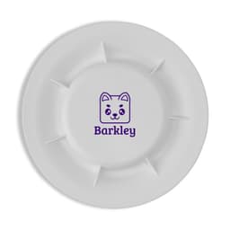 A white pet dish featuring a cartoon dog design and a logo in purple.