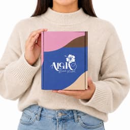A woman holds a custom box with a locking lid, featuring pink, blue, and brown colours and a logo on the front.