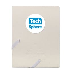 A beige planner with a white elastic band closure and a round logo on the front.
