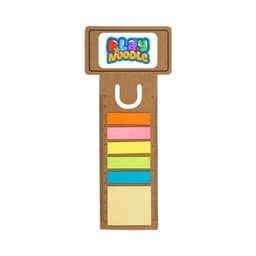 A brown business card bookmark features a ruler design and colourful sticky note flags. Includes a logo at the top.