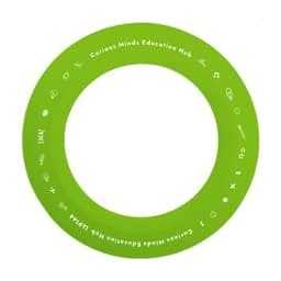 A green silicone flyer featuring various icons, with a simple round design and a logo.