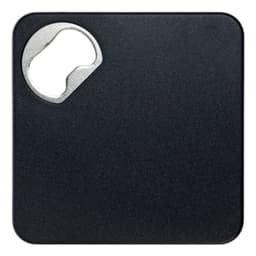A drink bottle opener and coaster featuring a sleek black design with a metal opener integrated into one corner.